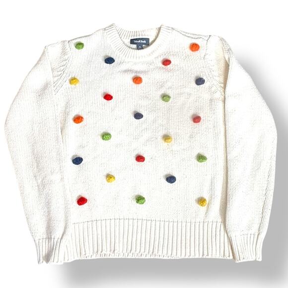 ModCloth White Knit Sweater Multicolor Rainbow Pom Poms Polka Dot Crewneck - Picture 6 of 9